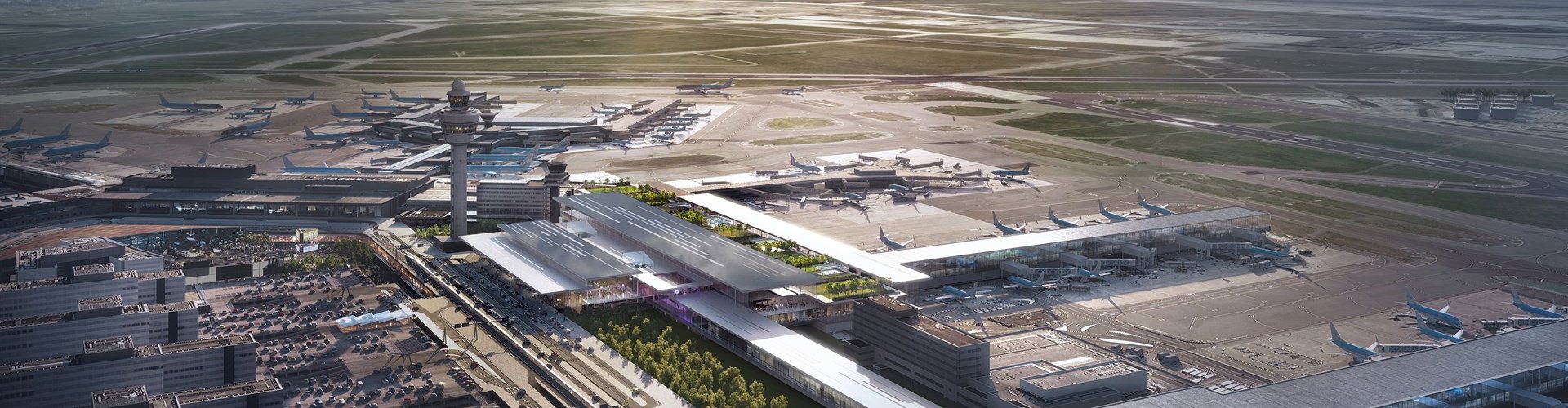 Schiphol Airport entrance bustling with travellers