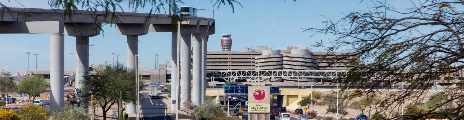 Phoenix Sky Harbor Intl Airport, AZ, US in the desert sunset