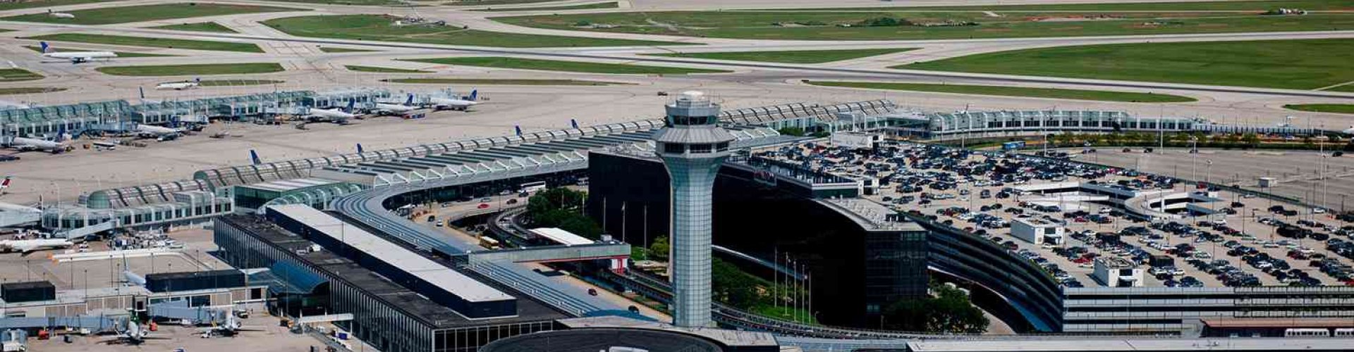 Sunset view of O'Hare Airport terminal exterior