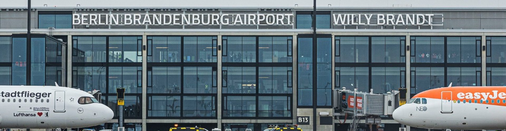 Berlin Brandenburg Airport, DE terminal exterior during golden hour